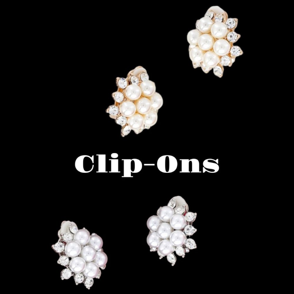 Gold Tone Crystal & Pearl Cluster Clip-On Earrings